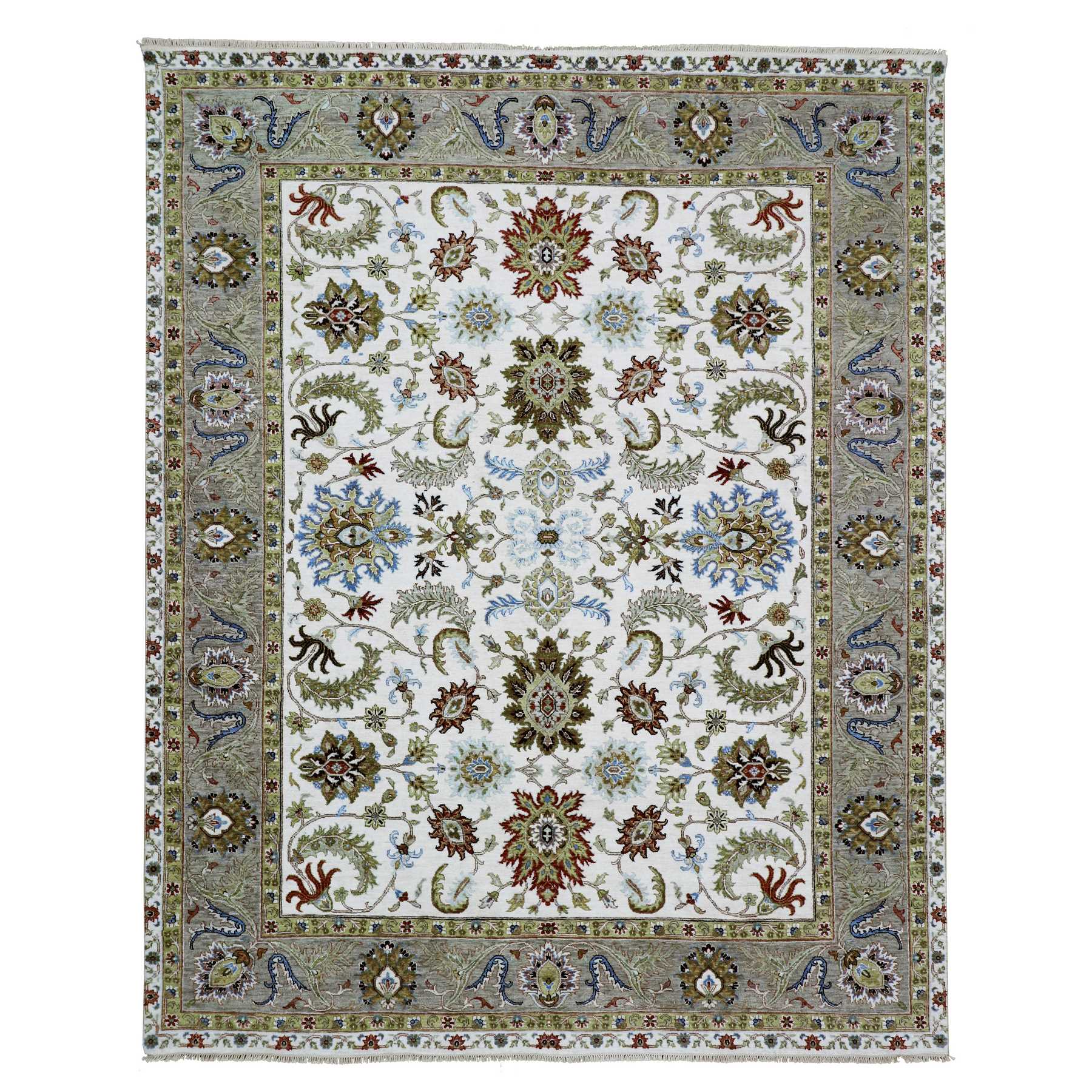 Huron White, Chocolate Brown Border, Agra Scroll and Large Leaf Design, Hand Knotted Vegetable Dyes, Natural Wool Oriental Rug